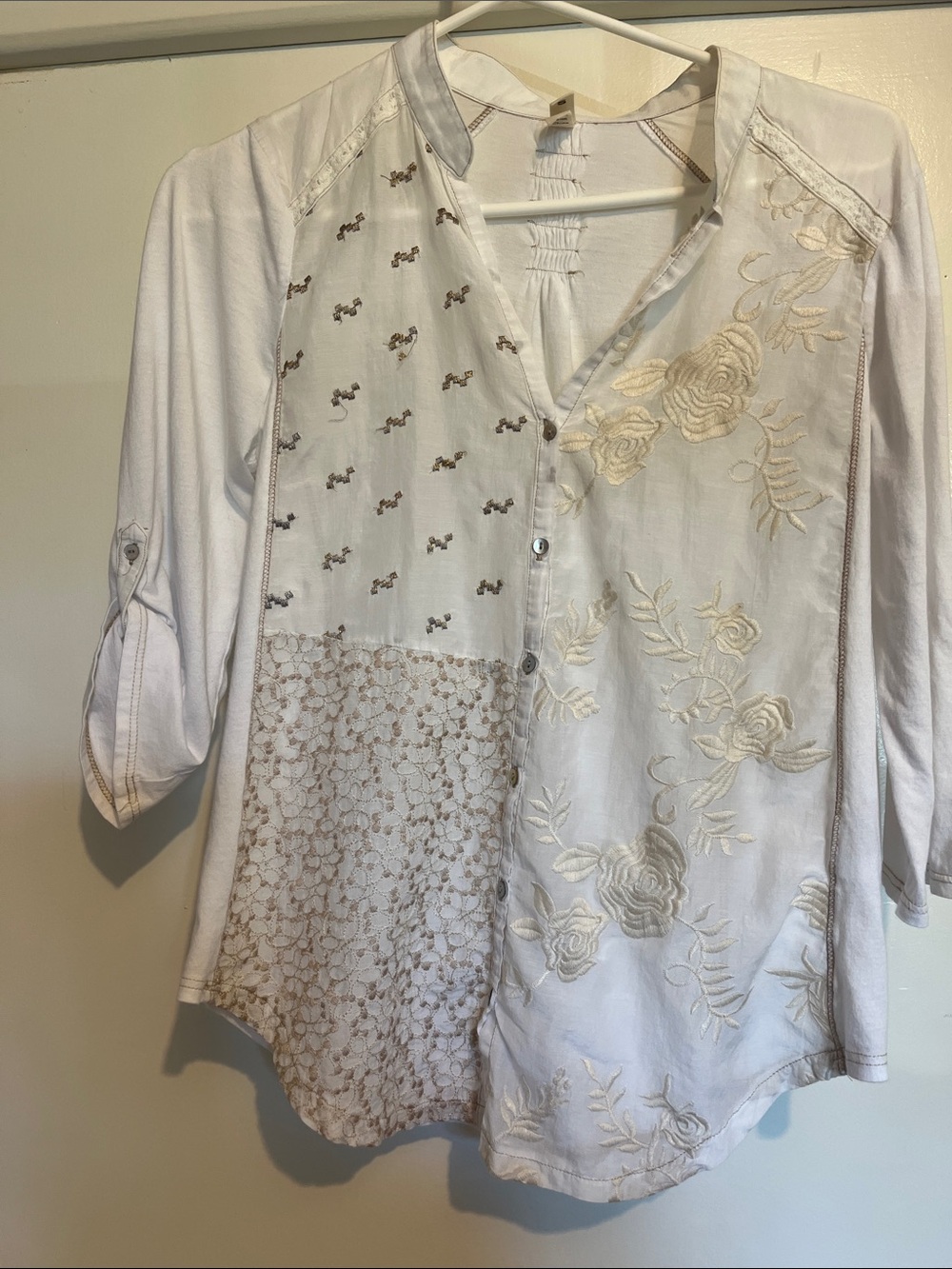 Ivory Embroidered Patchwork Button-Down Blouse - Picture 1 of 8